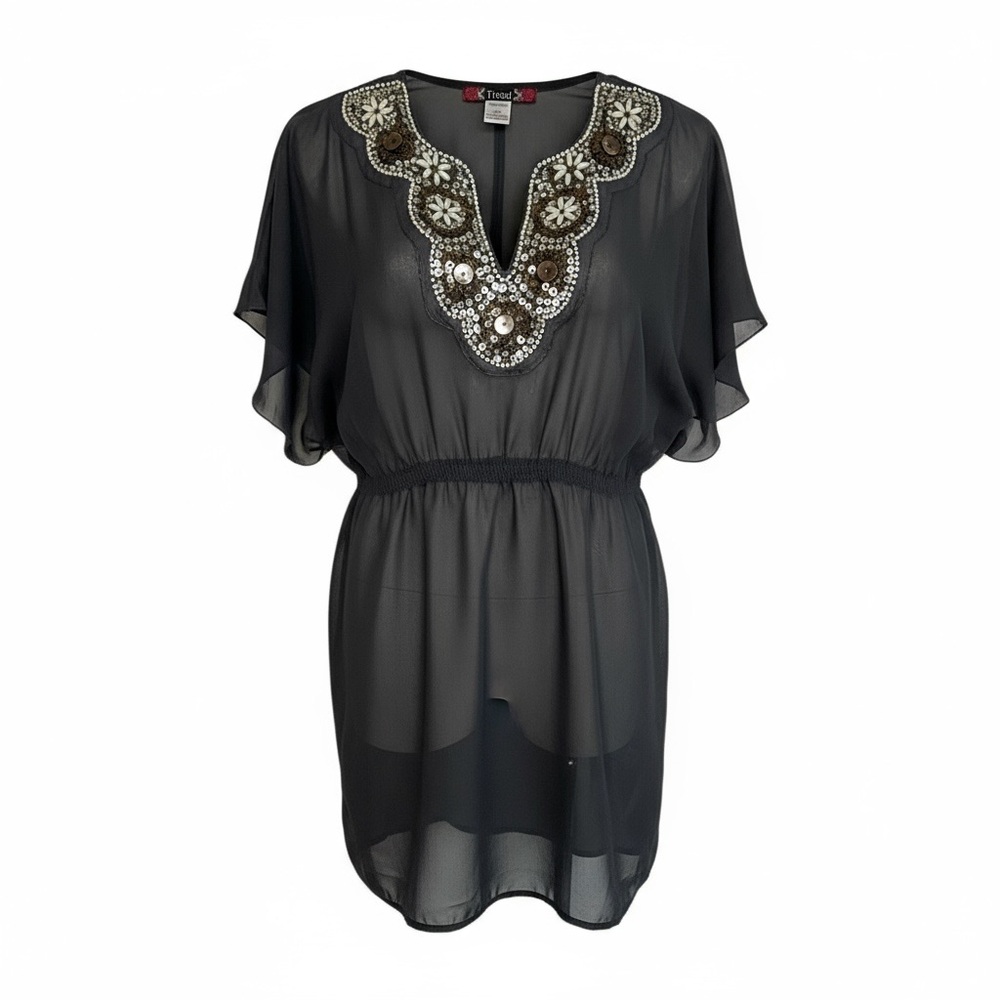Trixxi Juniors 9 Embellished Beaded & Sequin Chiffon Tunic Dress – Dark Gray - Picture 2 of 8